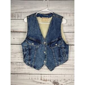 Free People Florence Ranch Denim Vest Medium Sherpa Lining Boho Western Chic